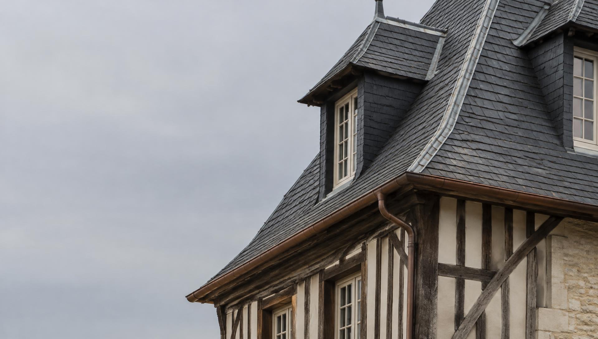 Toiture en ardoise et gouttière cuivre sur une maison normande à colombages